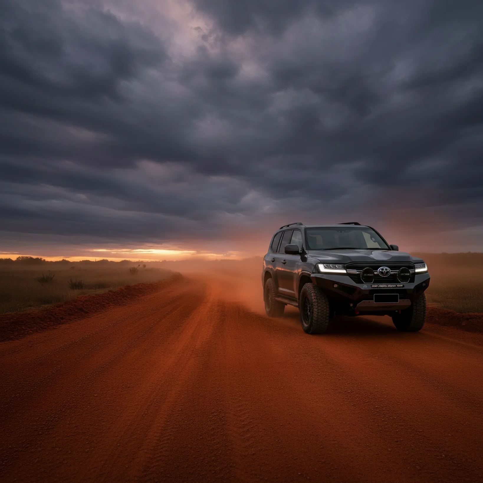 Black LandCruiser 300 with a Raslarr bull bar on a red-dirt outback track under a storm at dusk